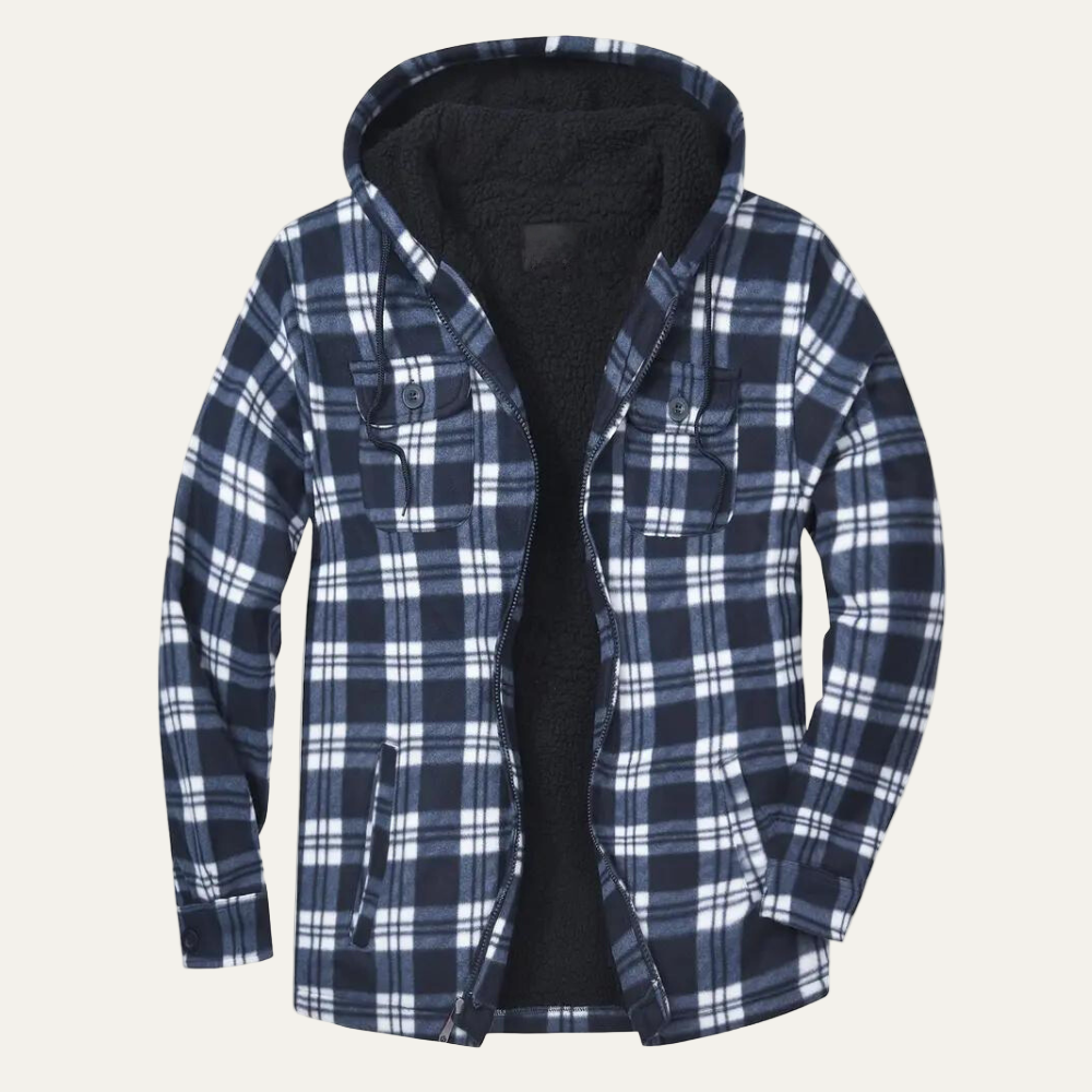 Warm Plaid Hooded Jacket for Men with Fleece Lining