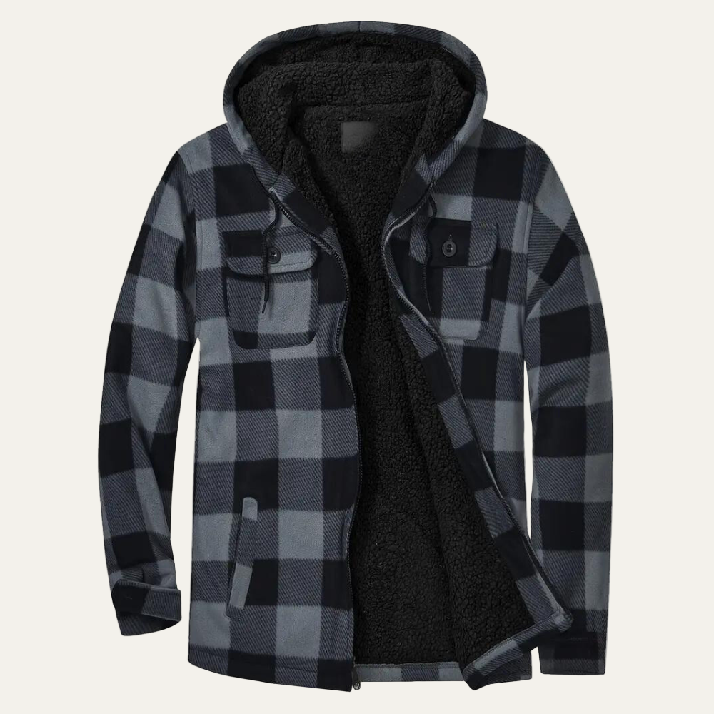 Warm Plaid Hooded Jacket for Men with Fleece Lining