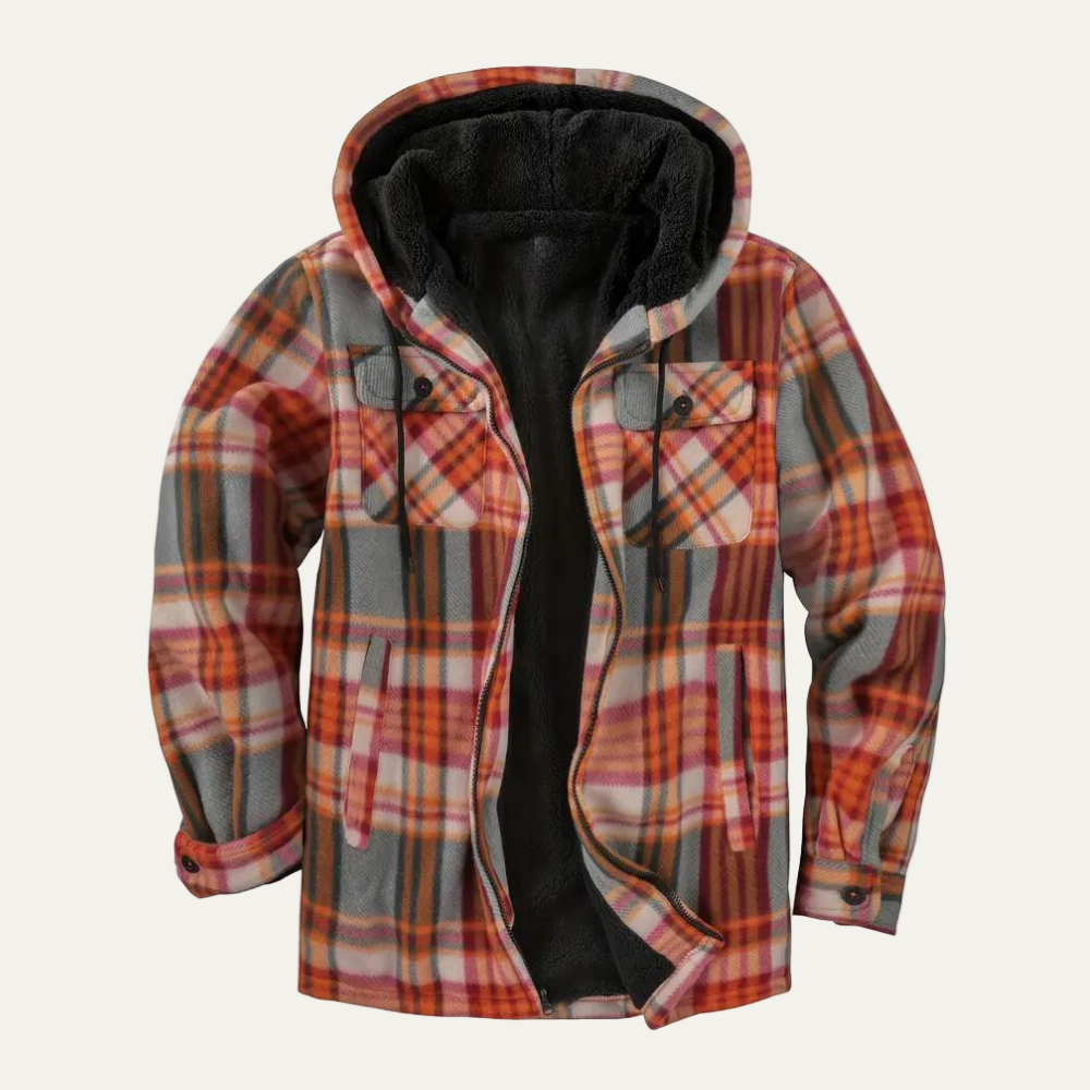 Warm Plaid Hooded Jacket for Men with Fleece Lining