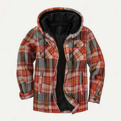 Warm Plaid Hooded Jacket for Men with Fleece Lining