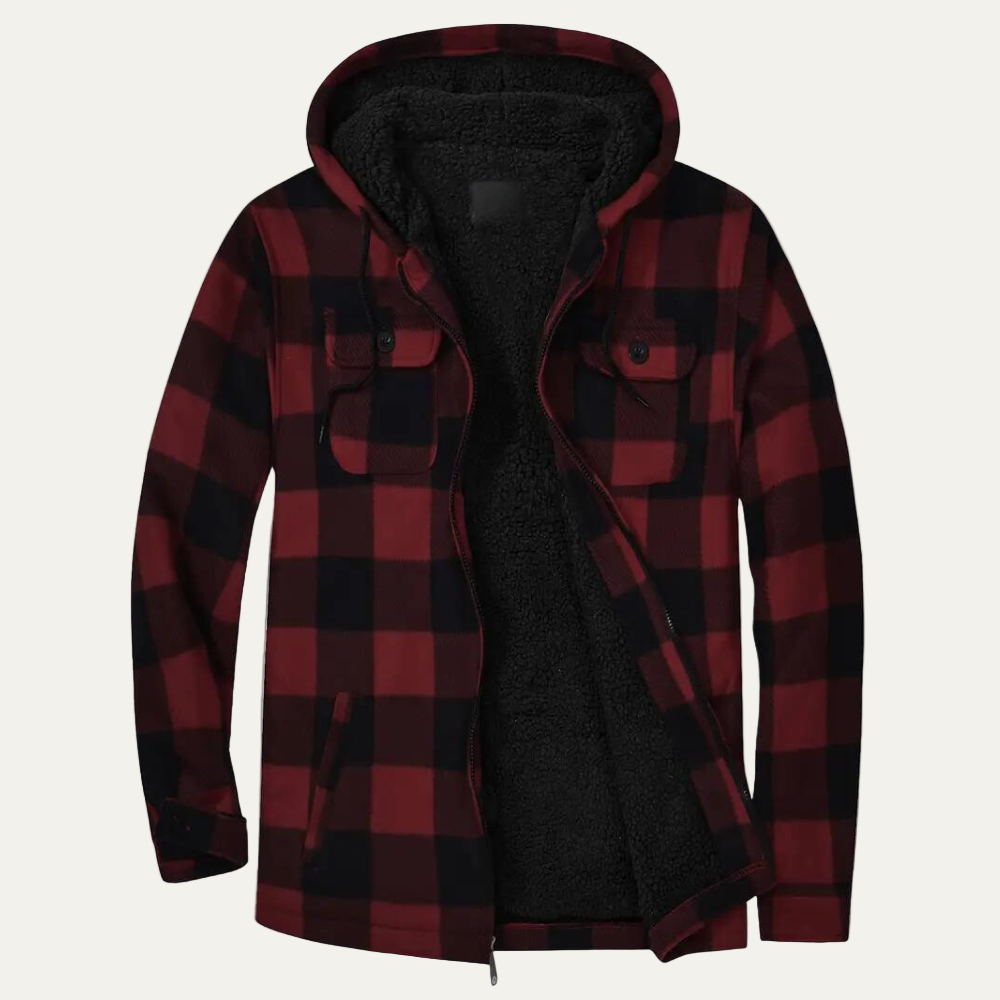 Warm Plaid Hooded Jacket for Men with Fleece Lining