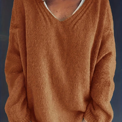 Relaxed Fit V-Neck Sweater for Full Figure Women - OutfitLondon
