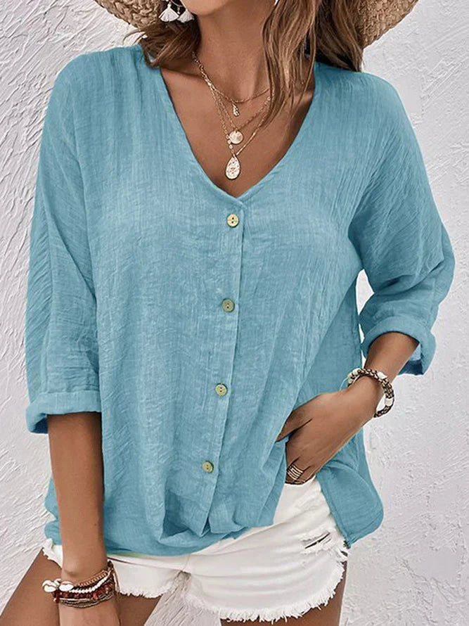 Elegant Ladies Linen V Neck Shirt - OutfitLondon