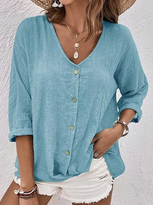 Elegant Ladies Linen V Neck Shirt - OutfitLondon