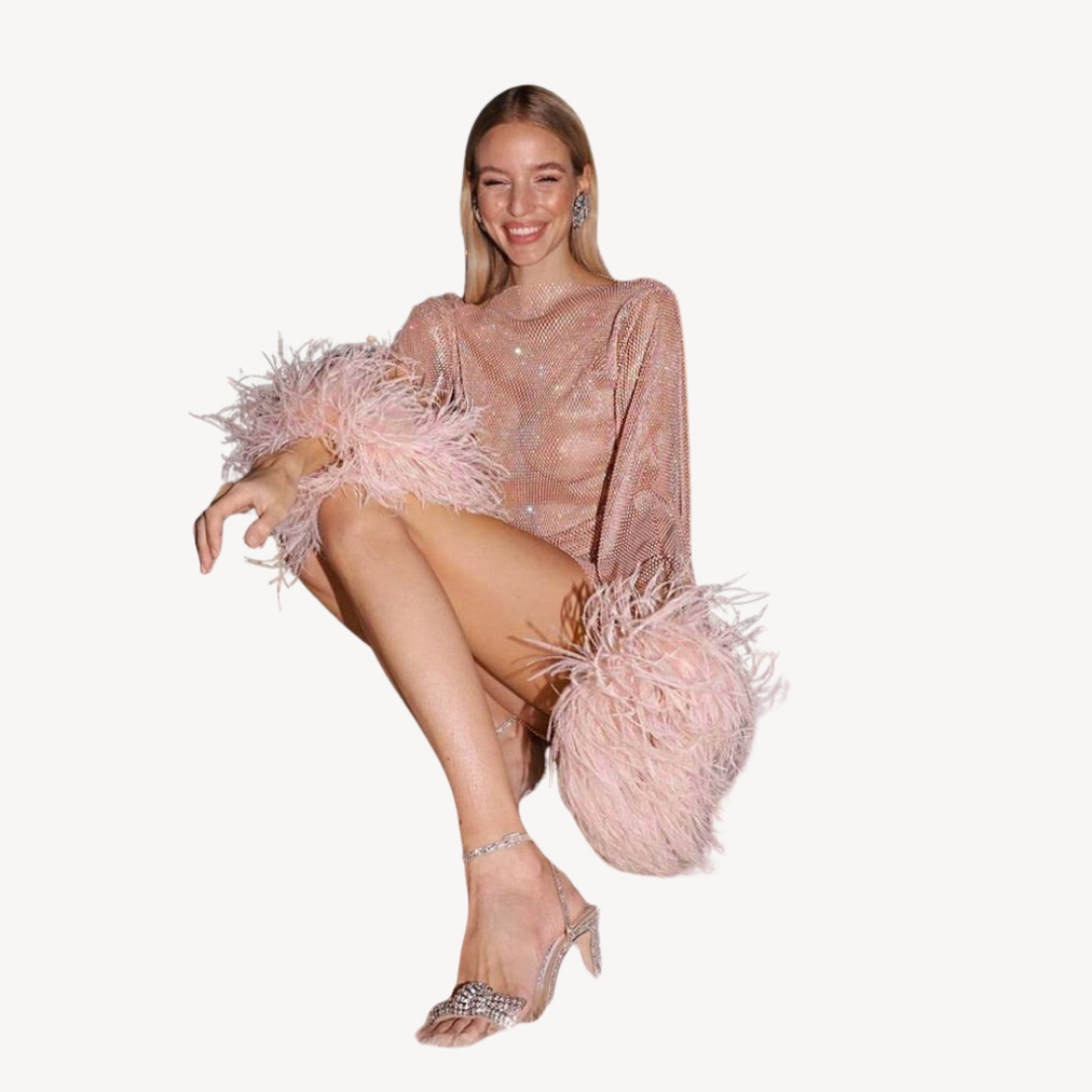 Glittery Feather Trim Party Dress - OutfitLondon