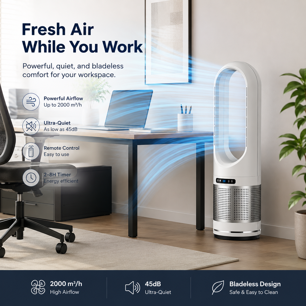 Portable Bladeless Tower Fan for Home & Office