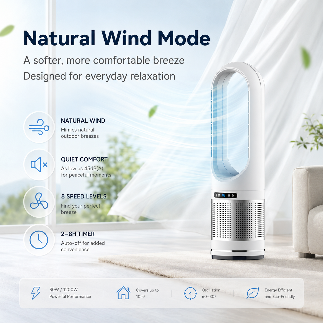 Portable Bladeless Tower Fan for Home & Office