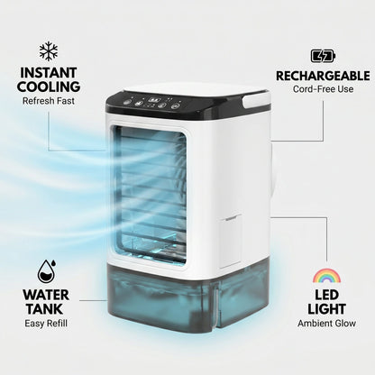 Portable Evaporative Air Cooler | Rechargeable 3-in-1 Cooling Fan with LED Light | Compact Personal Cooling Device