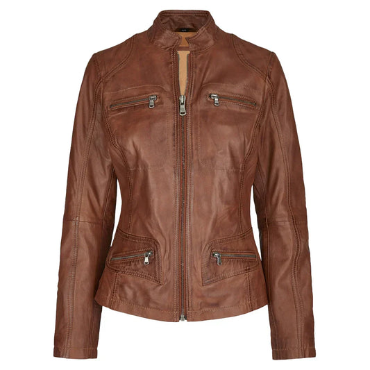 Womens Brown Leather Jacket Genuine Lambskin Regular Fit - OutfitLondon