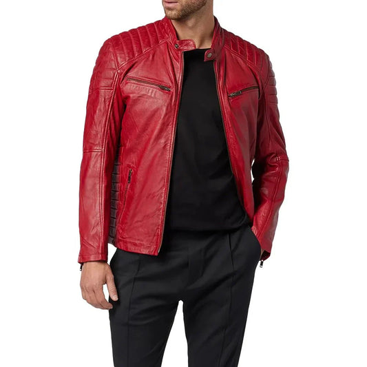 Men's Leather Biker Jacket Notched Lapel Red - OutfitLondon