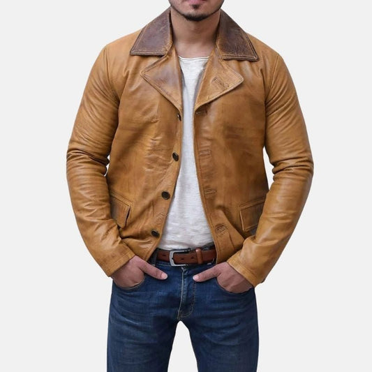 Men's Brown Leather Trench Coat Real Leather Classic Lapel - OutfitLondon