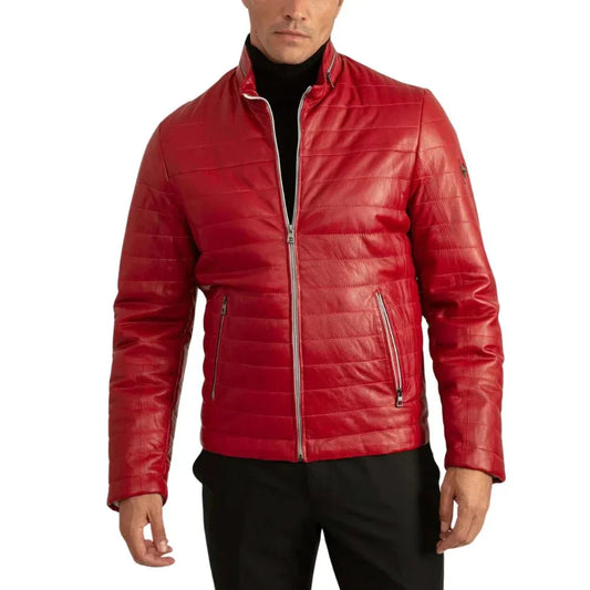 Men's Red Leather Puffer Jacket Zipper Pockets Viscose Lining - OutfitLondon
