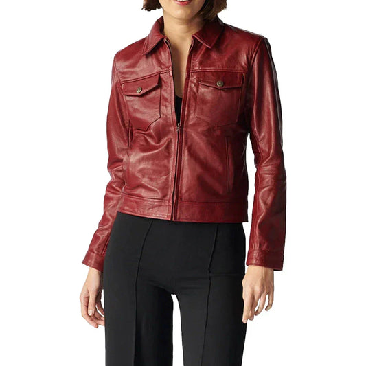 Women's Red Leather Trucker Jacket - OutfitLondon