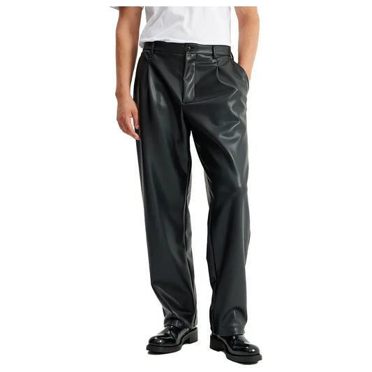 Men's Black Leather Pants Relaxed Fit Genuine Leather Wide Leg - OutfitLondon