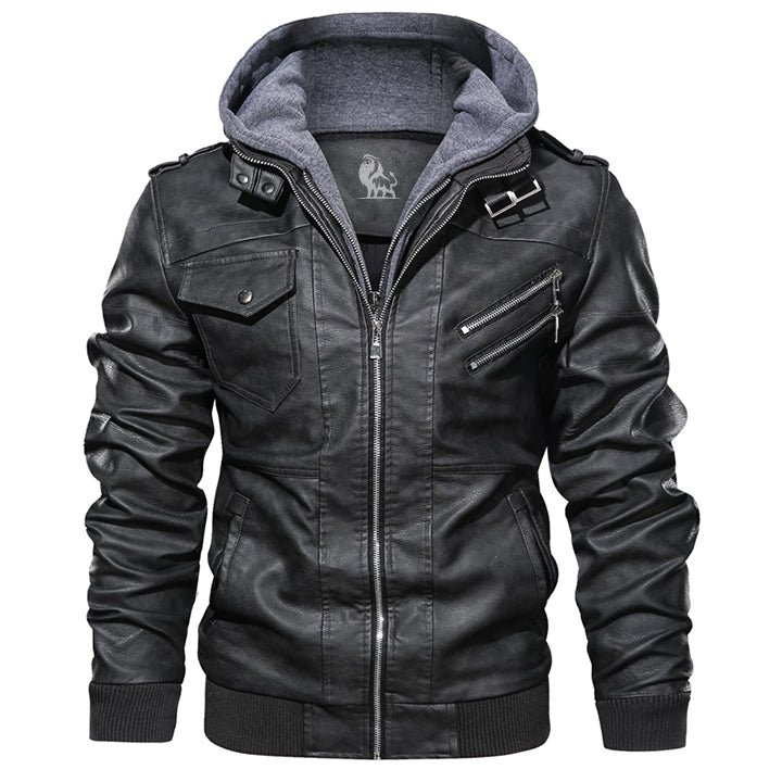 Men's Black Synthetic Leather Jacket with Detachable Hood