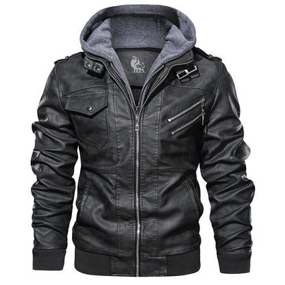 Men's Black Synthetic Leather Jacket with Detachable Hood