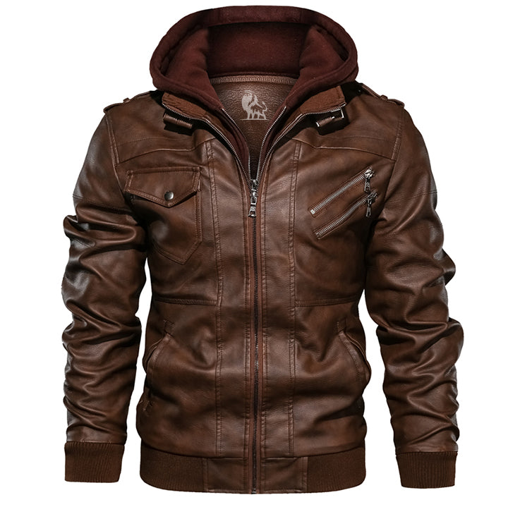 Men's Black Synthetic Leather Jacket with Detachable Hood