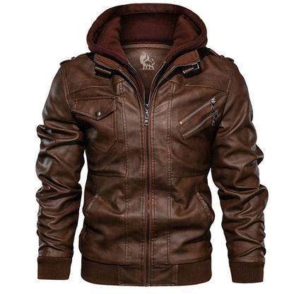Men's Black Synthetic Leather Jacket with Detachable Hood