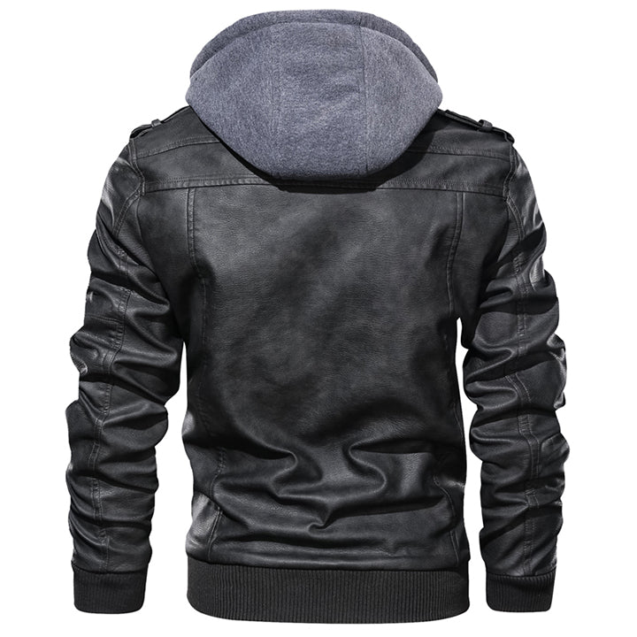 Men's Black Synthetic Leather Jacket with Detachable Hood