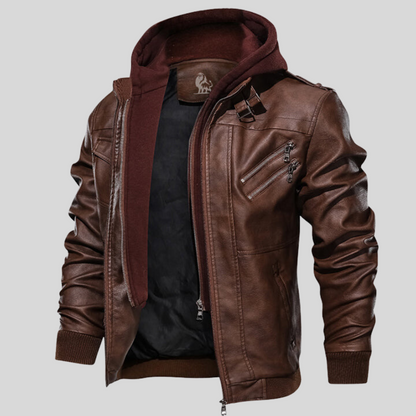 Men's Black Synthetic Leather Jacket with Detachable Hood - OutfitLondon