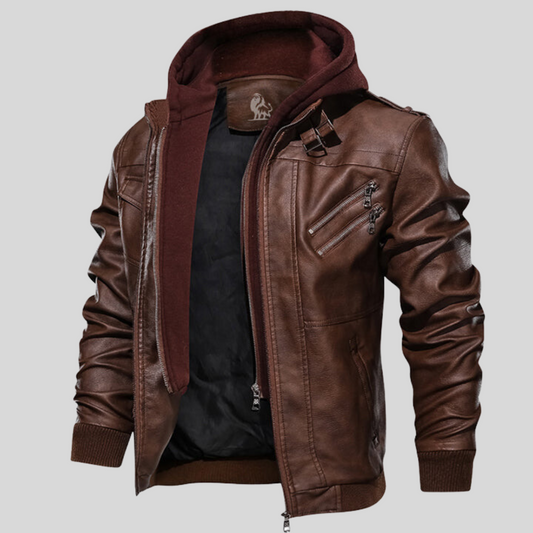 Men's Black Synthetic Leather Jacket with Detachable Hood - OutfitLondon