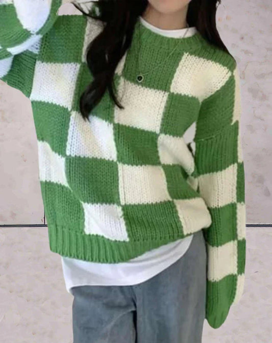 Women's Plaid Cable Knit Sweater - OutfitLondon