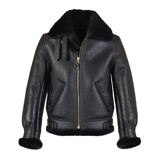 Men's Leather Bomber Jacket Sheepskin Fur Collar Black - OutfitLondon