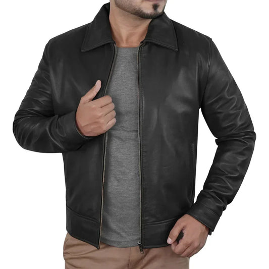 Men's Black Leather Biker Jacket Zip Front Viscose Lined - OutfitLondon