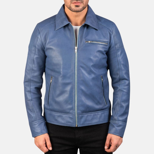 Men's Leather Biker Jacket Genuine Blue - OutfitLondon