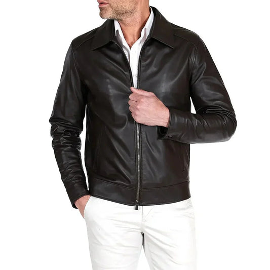 Mens Leather Biker Jacket Lambskin Dark Brown - OutfitLondon
