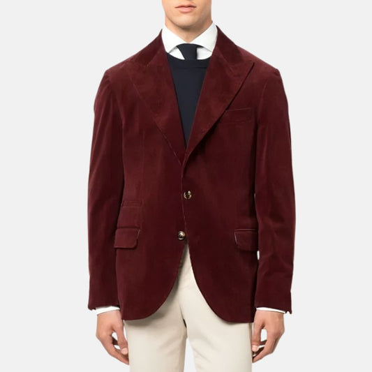 Men's Velvet Blazer Maroon Single Breasted Peak Lapel Formal - OutfitLondon