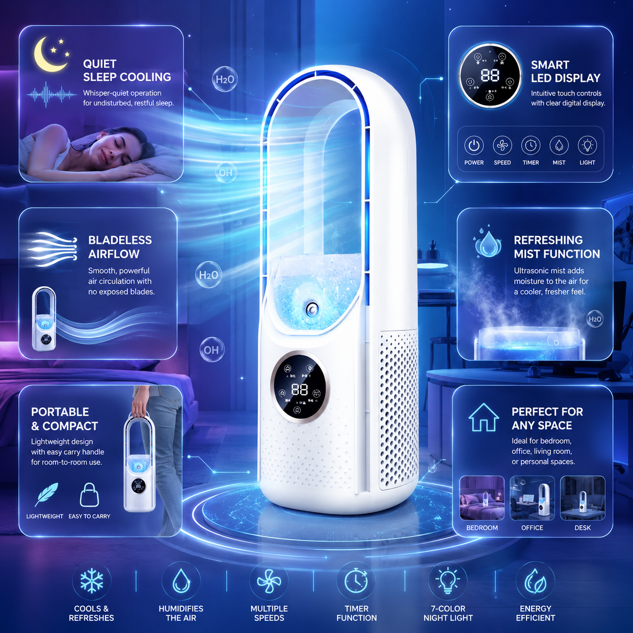 Portable Bladeless Air Conditioner for Quiet Personal Cooling