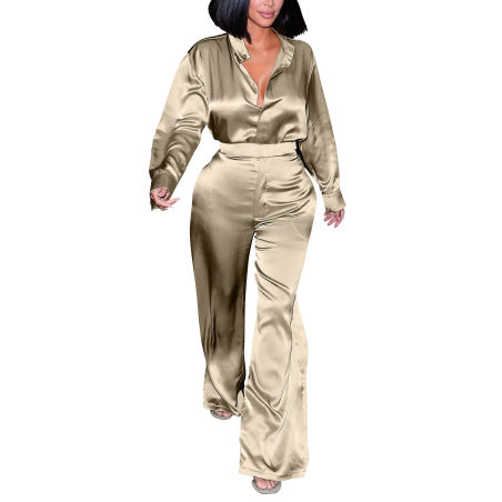 Women's Silk Blend Two Piece Set Draped Champagne - OutfitLondon