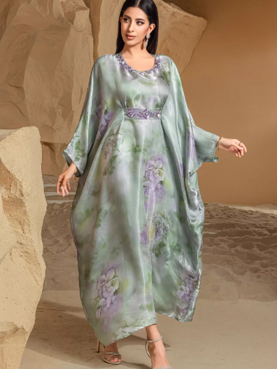 Women's Green Fruit Print Holiday Dress Batwing Sleeves - OutfitLondon