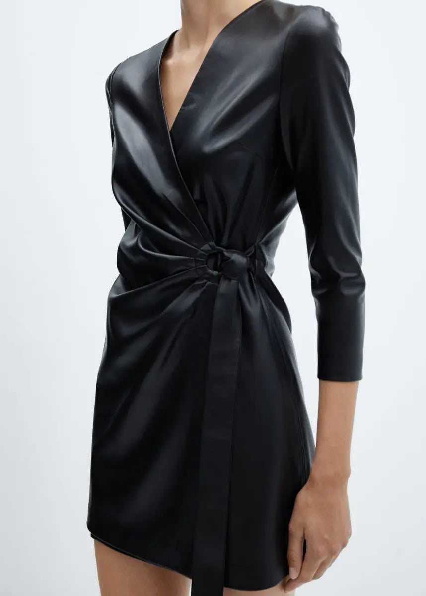 Trendy V Neck Faux Leather Bodycon Mini Dress