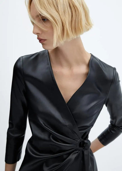 Trendy V Neck Faux Leather Bodycon Mini Dress