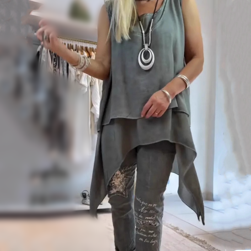Chic Off-Center Top and Flower Print Pants Set