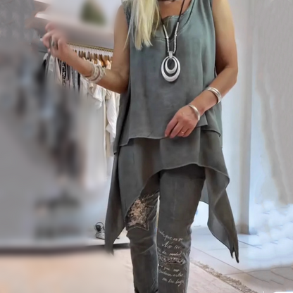 Chic Off-Center Top and Flower Print Pants Set