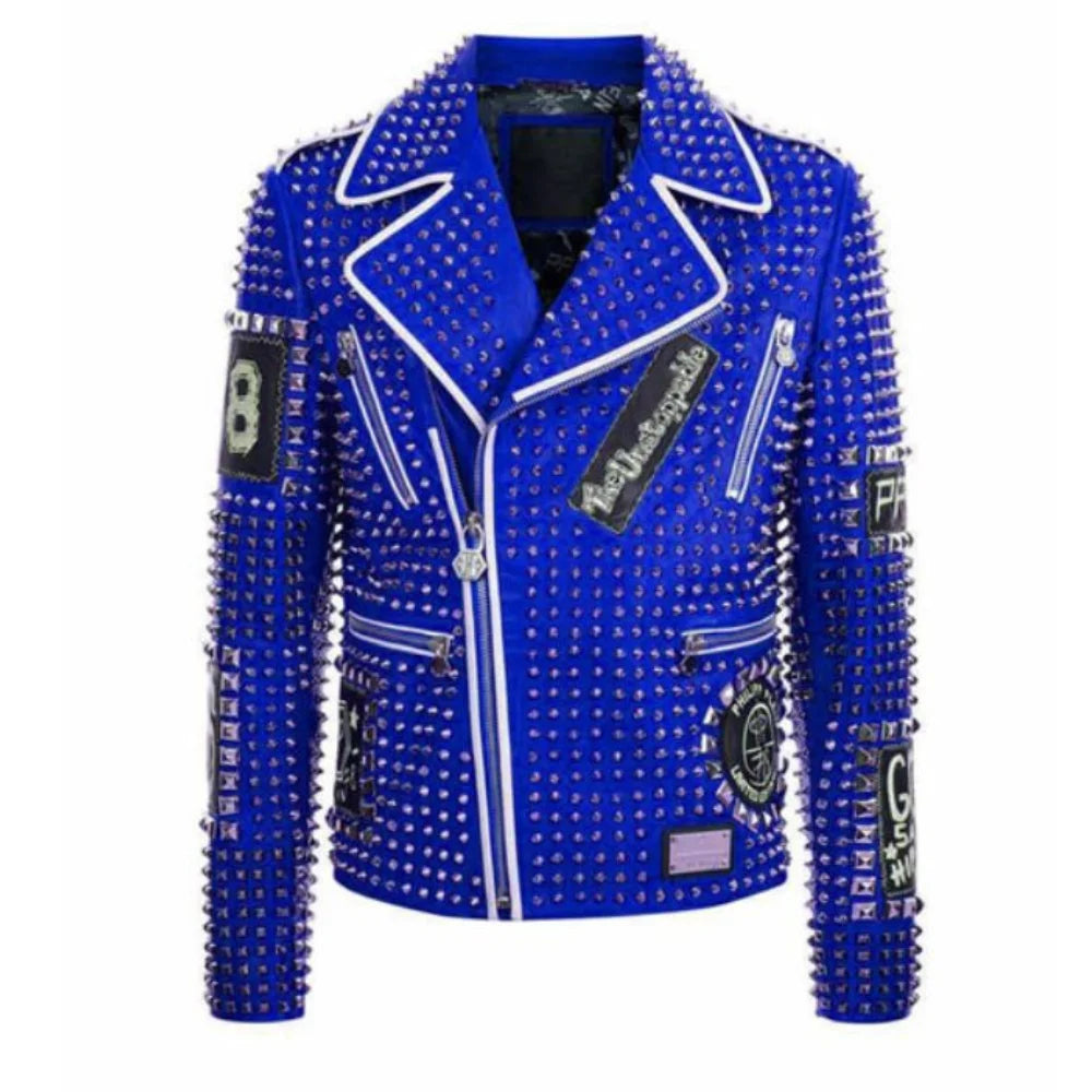 Men's Leather Biker Jacket Black Blue Studded Silver Trim