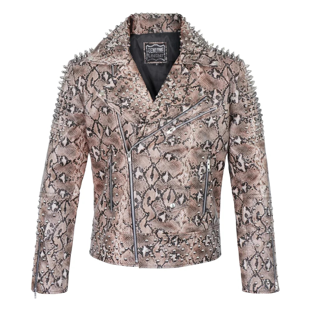 Men's Leather Biker Jacket Snake Skin Print With Spikes And Studs - OutfitLondon