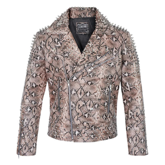 Men's Leather Biker Jacket Snake Skin Print With Spikes And Studs - OutfitLondon