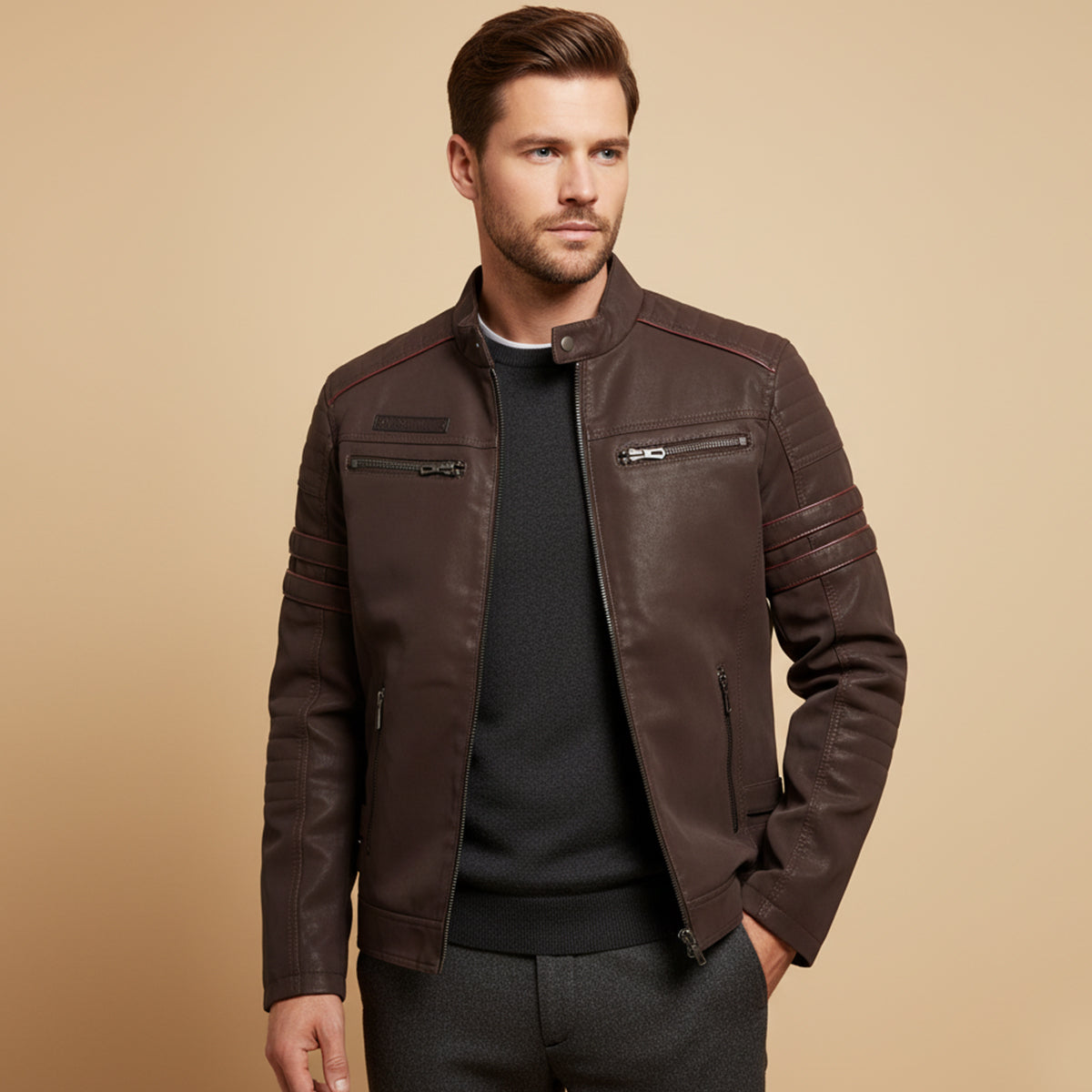 Classic Mens Genuine Leather Biker Jacket