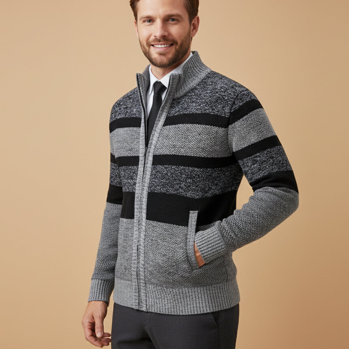 Cozy Mens Striped Zip Up Cardigan Sweater