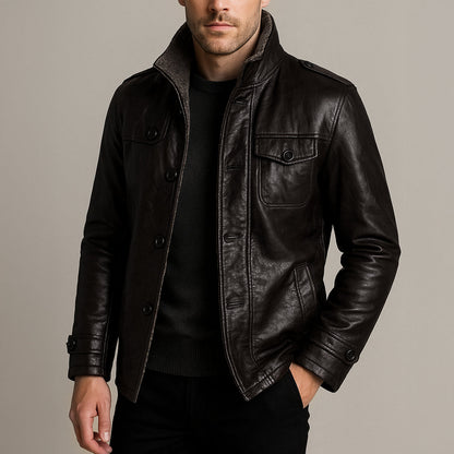 Men's Genuine Leather Biker Jacket - Thermal Fleece Lined Coat