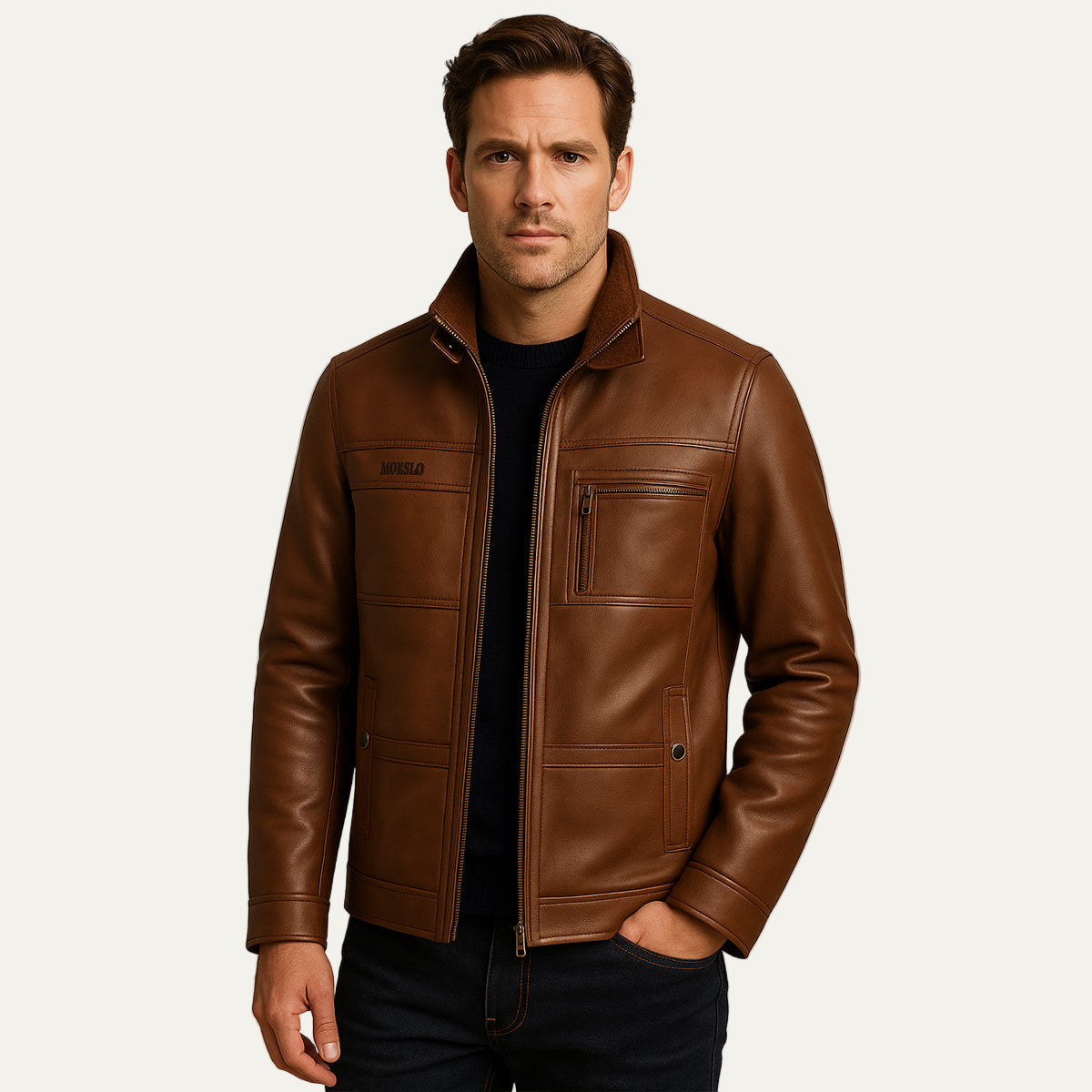 Classic Biker Leather Jacket with High Collar