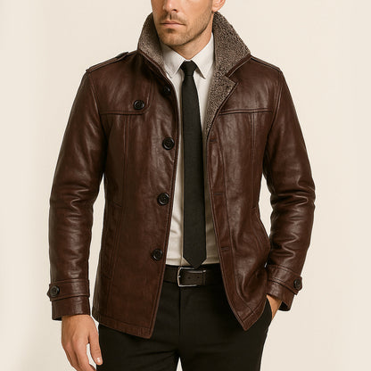 Men's Genuine Leather Biker Jacket - Thermal Fleece Lined Coat