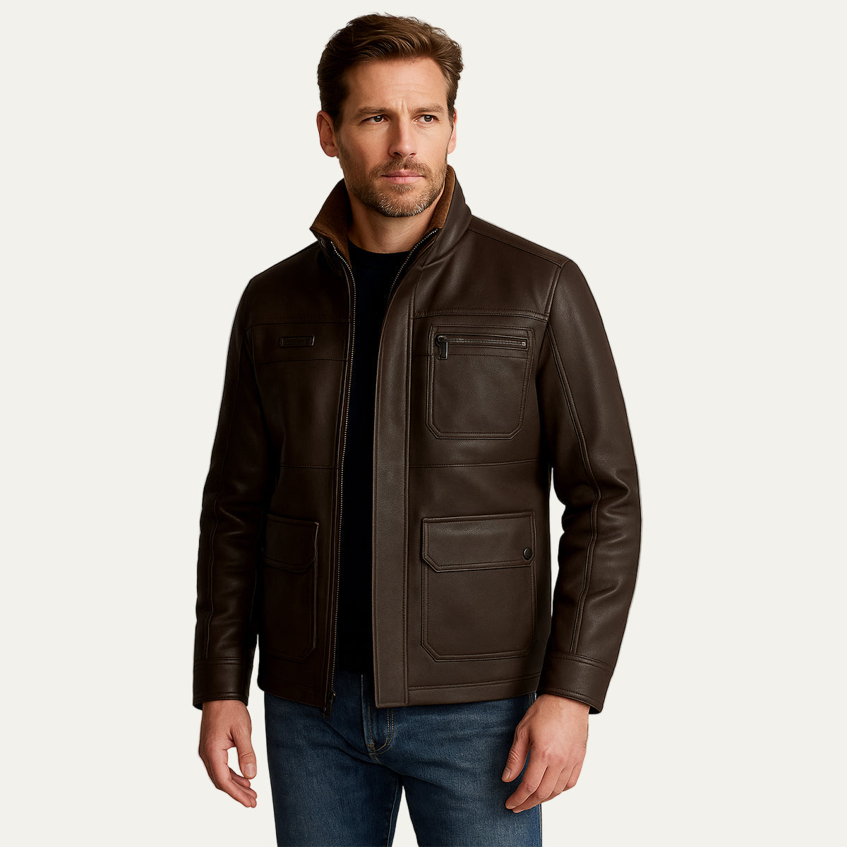 Classic Biker Leather Jacket with High Collar
