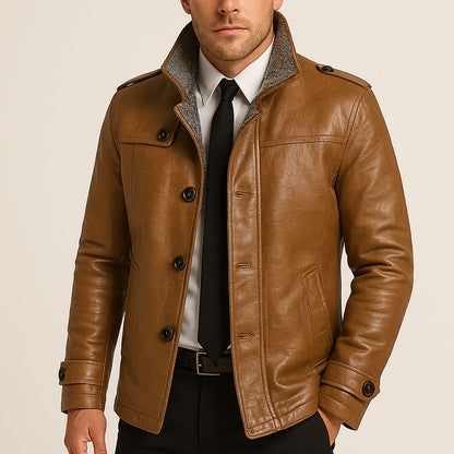 Men's Genuine Leather Biker Jacket - Thermal Fleece Lined Coat