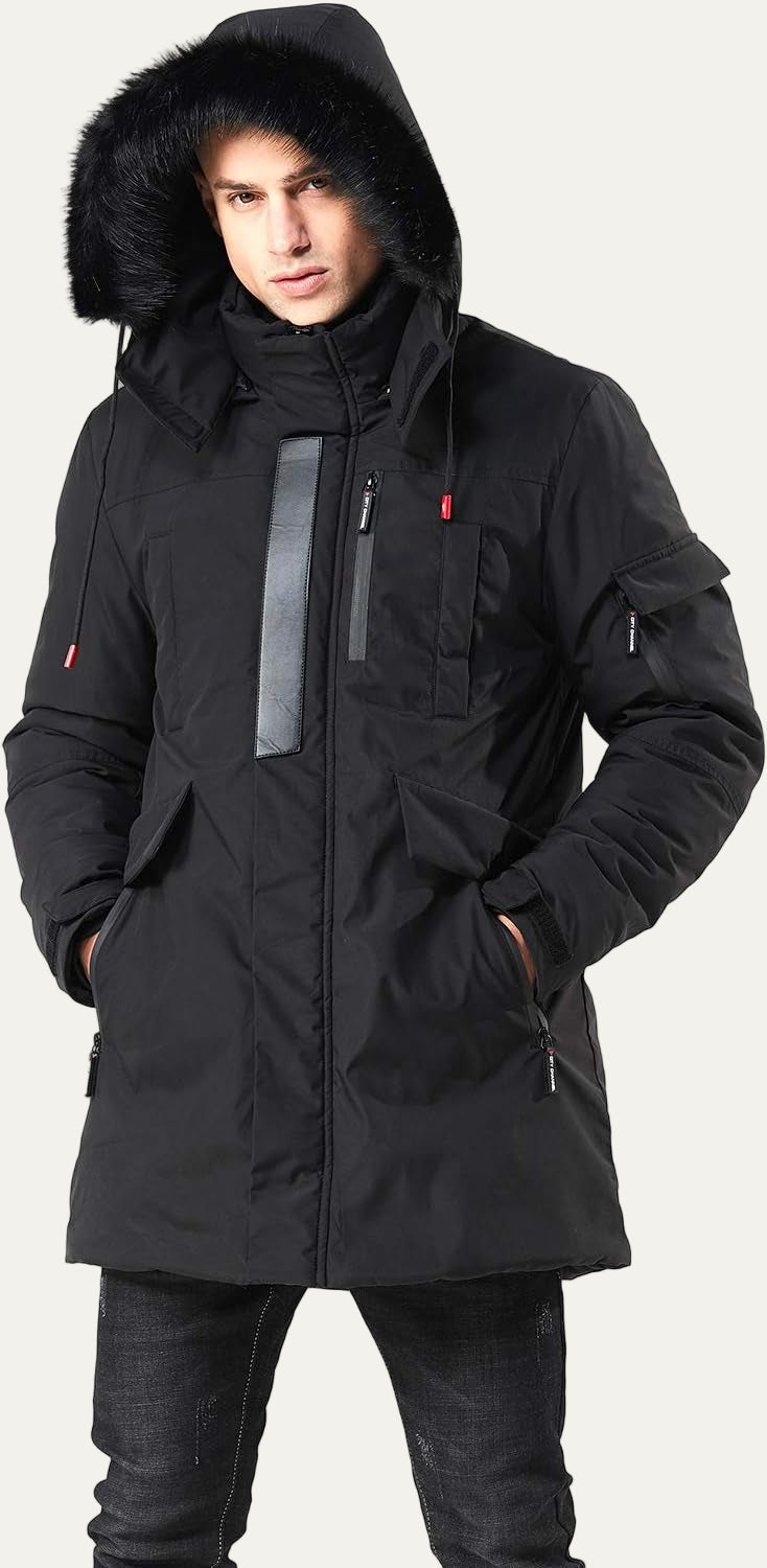 Warm Waterproof Men's Winter Coat with Faux Fur Hood
