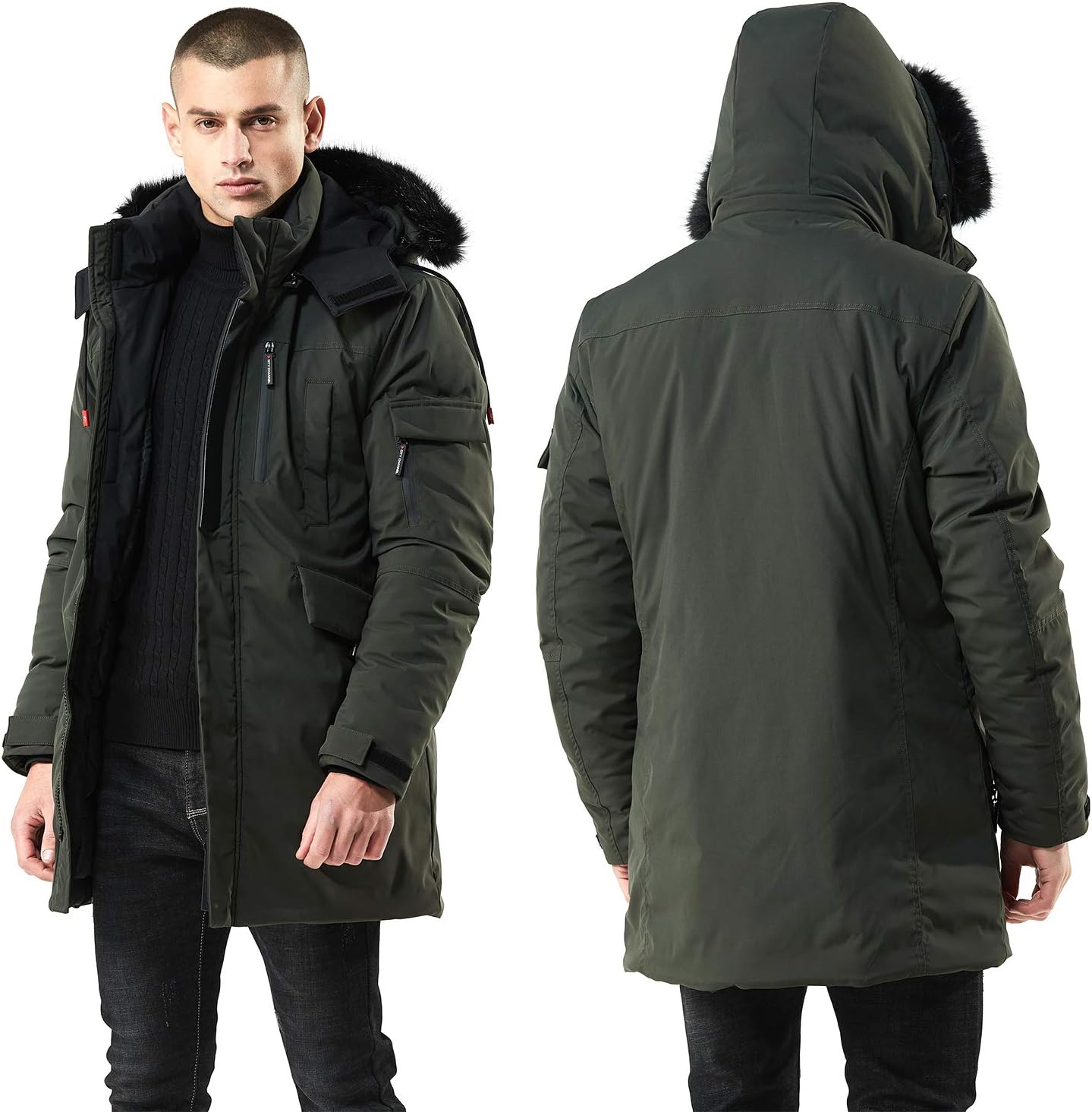 Warm Waterproof Men's Winter Coat with Faux Fur Hood